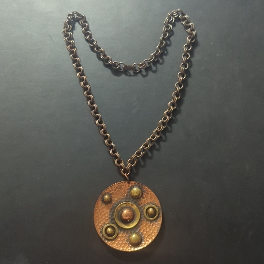 Copper Tone Oversized Copper Tone Hammered Disc Pendant Statement Necklace